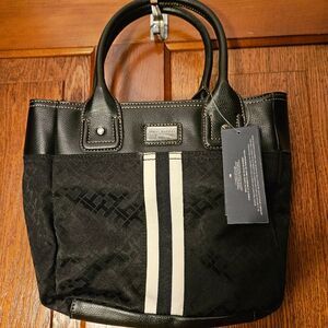 NWT Tommy Hilfiger Small Black Cloth Handbag Gold Logo Zip Purse Classic Chic
